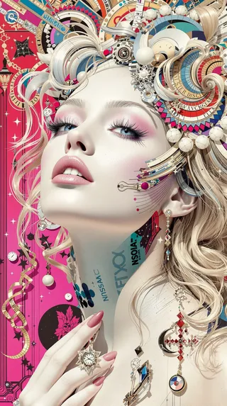 Highly detailed nu disco and retro pop album cover featuring a white woman with elaborate futuristic accessories and intricate design elements on a vibrant pink background.