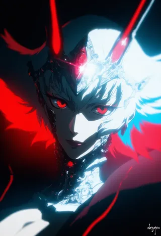 Cybernetic female portrait with glowing red eyes, intricate mechanical and geometric futuristic headpiece, illuminated by dynamic volumetric lighting in dark and red hues.