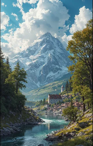 A stunning mountain landscape featuring a snowy peak surrounded by clouds, a river flowing through a village with buildings and trees on a sunny day.