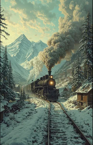 A majestic early 19th century steam locomotive chugs through a snow-covered mountainous landscape at dusk, billowing thick smoke under a sky with soft clouds.