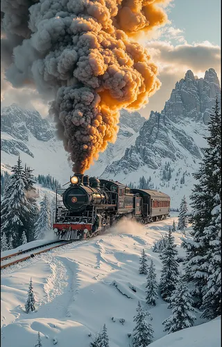 Vintage steam locomotive with black and red design emitting large plume of orange and gray smoke, traveling through a snow-covered mountainous region with snow-dusted trees.