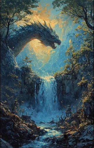 A majestic azure dragon emerges behind a powerful waterfall surrounded by lush forests under volumetric golden light and mystical glowing ambiance.