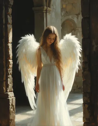 A cheerful pale gothic young teen angel with translucent white skin and large feathery white wings, standing inside a medieval church, bathed in warm light.