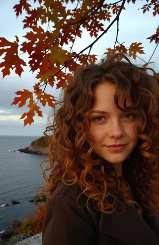 Close-up portrait of a Scandinavian girl with curly brown hair, standing outdoors near an island coastline under autumn-colored leaves at dusk.