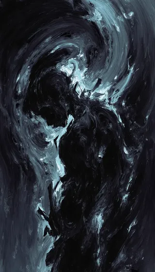 Abstract dark art with swirling dark blue and black hues forming a fragmented, shadowy human figure expressing fear of loneliness and emotional chaos.