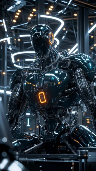 Advanced humanoid robot with sleek metallic textures and neon lights repairing itself in a futuristic high-tech lab environment with realistic reflections and detailed mechanical parts.