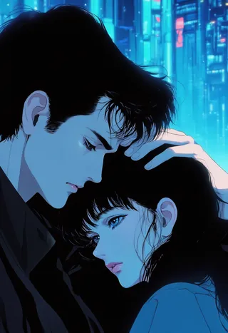 A man tenderly holds a woman close, their faces illuminated by soft blue neon reflections from a futuristic city skyline in a retro cyberpunk style.
