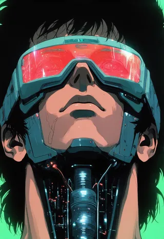 A retro cyberpunk styled man gazing upward with a metallic visor reflecting red and green lights connected to detailed cybernetic implants revealing glowing circuitry beneath his skin.