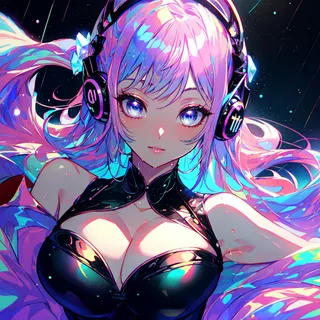 Close-up anime girl with holographic transparent vinyl clothing, vibrant prismatic colors, headphones, and glowing eyes in a detailed futuristic style.