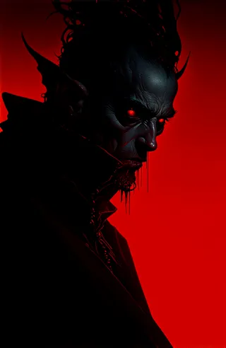 Hyperdetailed dark demon with glowing red eyes in a red and black color scheme, showcasing an ominous, high contrast surreal atmosphere.