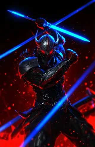 A futuristic armored warrior in a dynamic low-angle pose wearing a metallic horned helmet with glowing red eyes, wielding a glowing blue energy sword amid red and blue energy effects.