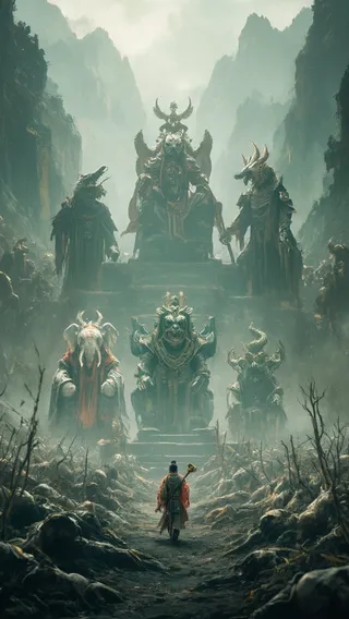 Sun Wukong walking forward shoulder carrying golden staff, approaching three giant throne holders: elephant-headed armored demon, blue lion-headed armored fairy, and great roc bird demon in a misty mountainous Chinese dark fantasy setting.