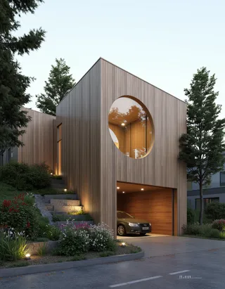 Eco style modern house with a wooden exterior featuring a large round window and an under-house parking space, illuminated with exterior lighting.