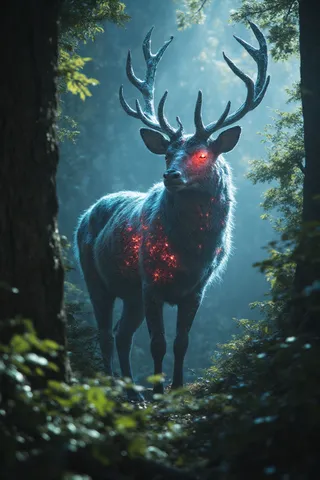 A majestic cybernetic stag stands in a mystical forest, illuminated by dappled sunlight. Its fur glows with blue hues and patches of red light show beneath the skin, revealing robotic endoskeleton details. One eye glows red, and the antlers shimmer like shards of ethereal light.