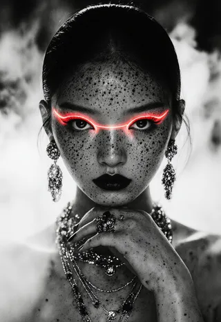 Black and white close-up portrait of a freckled woman with dark lipstick and glowing red neon eyeliner, adorned with elaborate statement jewelry.