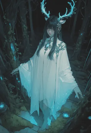 A mystical forest guardian wearing ethereal white robes stands barefoot in a dark forest, her glowing blue antlers adorned with moss and vines, with shimmering eyes and cinematic lighting.