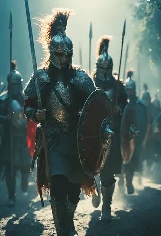 Illyrian warriors clad in detailed ancient armor with helmets featuring plumes, holding spears and shields, walking with dramatic cinematic lighting and a vintage atmosphere.