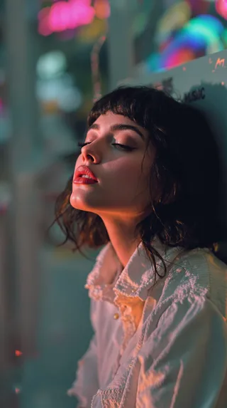 Close-up portrait of an introspective white woman with short dark hair and red lips, lit by colorful retro disco lights, styled for a nu disco pop album cover.