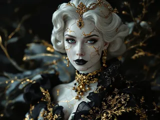 Portrait of a Victorian woman with white marble skin cracked with gold, wearing an intricately detailed black gown and adorned with gold ornaments, set against a dark background.