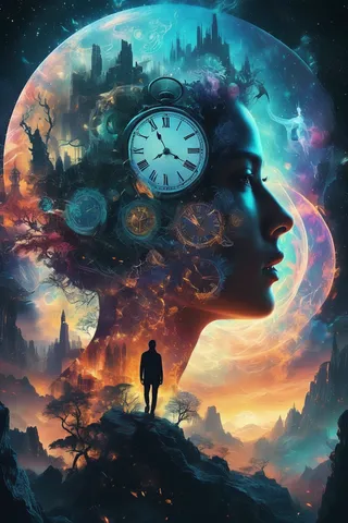 Surreal double exposure portrait combining a female silhouette with antique clocks and fantasy landscapes.