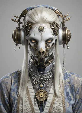Photorealistic portrait of an anthropomorphic being with a glossy porcelain skull face, long white hair, antique bronze gear headphones, glowing amber eyes, intricate metal facial ornamentation, and elaborate blue and cream gilded robes against a studio-gray background.