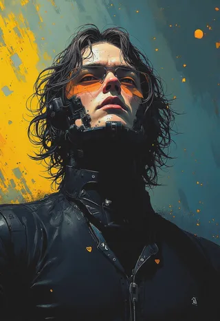 Hyperrealistic close-up portrait of a young male in cyberpunk attire wearing orange-tinted glasses and dark futuristic clothing.