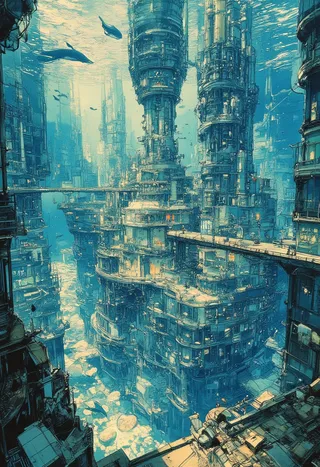 Watercolor-style drawing of a deep underwater city featuring glowing cylindrical buildings connected by bridges, with whales swimming above and intricate architectural details extending into the ocean depths.