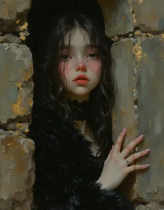A soft digital painting of a sad gothic petite vampire princess dressed in black fur, leaning against a textured stone castle wall, painted in the style of Rembrandt with intricate details and a whimsical atmosphere.