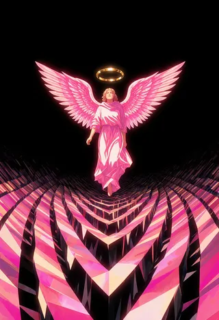 A radiant angel with glowing pink wings and a golden halo ascends above a vast field of luminous triangular geometric ripple lines against a deep black background.