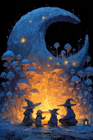 Four witches sitting around a glowing fire surrounded by tall blue mushrooms shaped like a crescent moon under a starry night sky.