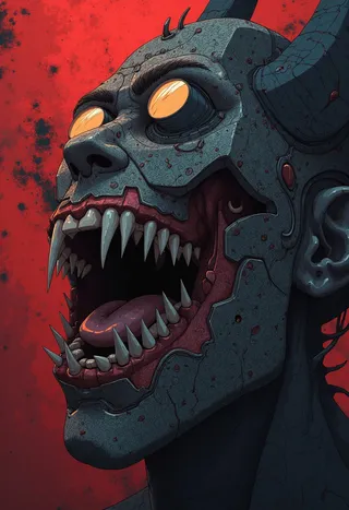 Close-up of a high-detail horror-themed mechanical skull with glowing eyes, sharp jagged teeth, and a cracked blue metal mask against a red background.