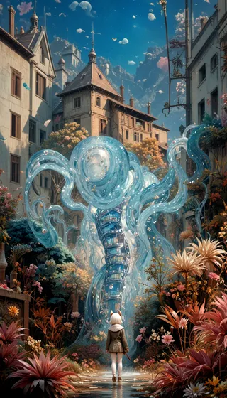 A mysterious fantasy creature composed of translucent water-like tentacles rises in a floral-filled town square with old buildings and a person facing it.