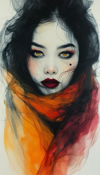 Close-up portrait of a young Asian woman with striking yellow eyes, dark tousled hair, and a translucent orange-red scarf partially covering her face.