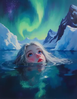 A digital painting of a luminous mermaid with silver hair emerging from icy Arctic waters, gazing up at vibrant Northern Lights with glaciers in the background.