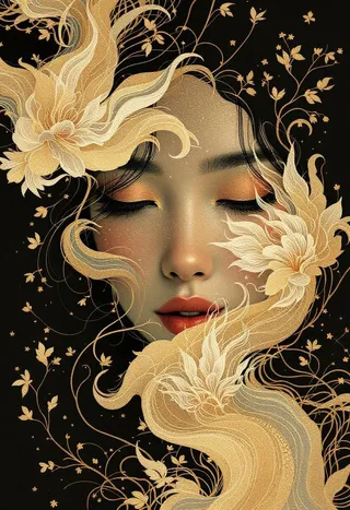 A delicate Chinese female face with closed eyes surrounded by intricate flowing golden floral designs on a black background.