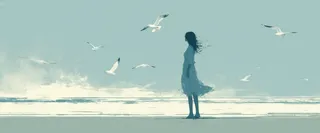 Elegant woman silhouette standing on a windswept shore surrounded by flying seagulls, depicted in a pastel-colored modern illustration style.