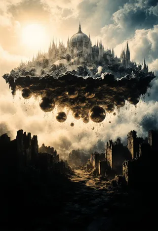 A world suspended between two inverted cities, with radiant marble spires floating above in golden mist and dark, inverted ruins below under a dramatic cloudy sky.