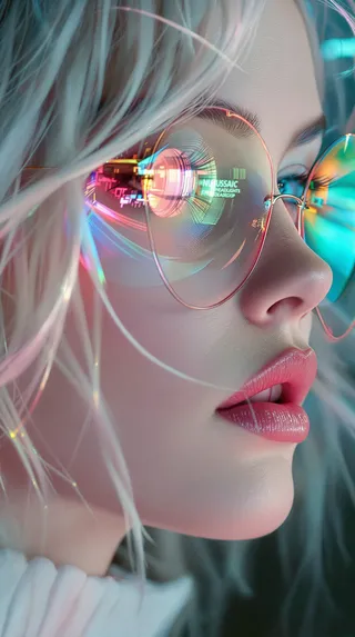 Close-up of a white woman wearing round glasses reflecting colorful neon lights and text including 'MUSAIC' and 'Headlights', styled as a detailed retro disco pop album cover.