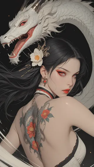 A woman with black hair and red eyes looking at the viewer, adorned with a white flower hair ornament and red jewelry, featuring a detailed eastern dragon tattoo entwined with red flowers on her bare back, with a white eastern dragon looming behind her.