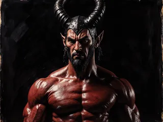 Muscular demonic warrior with large curved horns, dark beard, intense gaze, and reddish skin against a black background