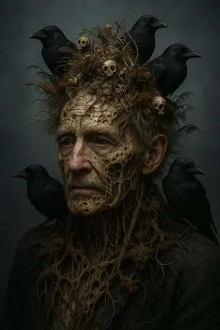 Surreal portrait of an old man's face merging with decayed roots, skulls, and vines, surrounded by black crows on a dark, foggy background.