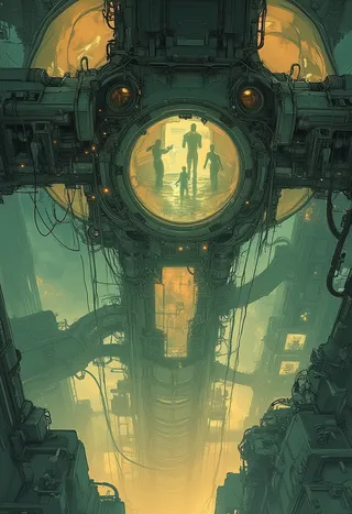 Futuristic technological structure with warm yellow light glowing from circular cells containing holographic silhouettes of people, surrounded by a foggy, deep colored atmosphere.
