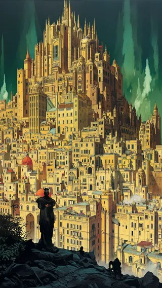 A towering, intricately detailed palace complex in Moebius style, resembling Afang Palace with a mystical green sky and shadowed figures in the foreground.