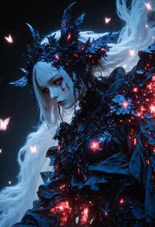 Portrait of a demonic queen with pale skin, glowing crimson sigils, and liquid obsidian eyes wearing a dark avant-garde gown with bioluminescent red lights, set against a dreamlike Studio Ghibli inspired background with soft glowing spirit-moths.