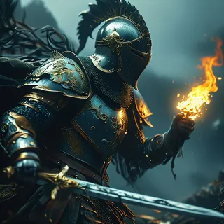 A detailed knight clad in gold-accented, silver plate mail armor and a crested helmet, holding a flaming sword in a dramatic battle scene with cinematic lighting.