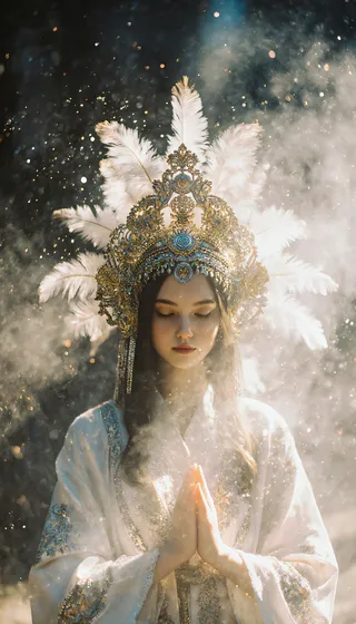 A spiritual girl wearing a detailed feather headdress and ornate white, silver, and gold robes, surrounded by glowing light, ethereal mist, and radiant particles in a dreamlike atmosphere.