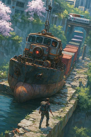 A rusted tugboat-locomotive hybrid hauling colorful containers along a cracked aqueduct in an overgrown post-apocalyptic city with pink cherry blossoms, as a lone scavenger with a backpack and pistol walks on the stone path.