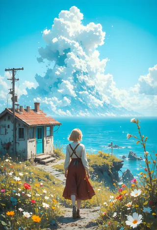Young woman with short hair in rust-red skirt walks through a sunlit coastal meadow filled with colorful wildflowers toward a weathered seaside house under a bright midday sky with towering white clouds and calm turquoise ocean.