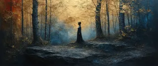 A woman stands on a rocky outcrop surrounded by towering trees, illuminated by gold leaf and bathed in vibrant metallic blue, orange, and deep red colors under ethereal lighting.