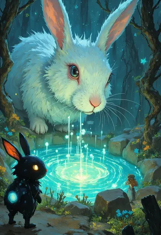 A fantasy illustration of a small black rabbit-like creature gazing at a giant ethereal white bunny drinking from a glowing magical water pool in a bioluminescent forest.